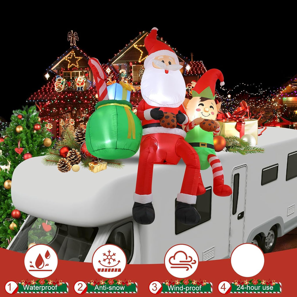 8FT Santa Claus Sitting on the Roof Christmas Inflatable Decoration with LED Lights, Suitable for Holiday Celebration