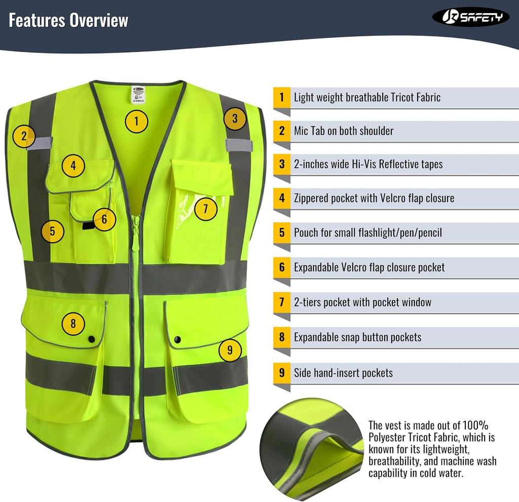 Safety Vest for Men Women Reflective Hi Vis JK150 Yellow L | ANSI Class 2, 9 Pockets, 4 Reflective Strips High