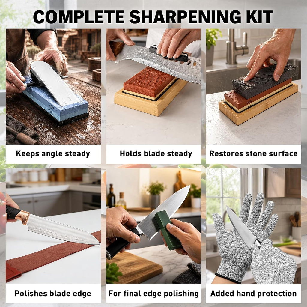 12-Piece Knife Sharpening Stone Set, Whetstone 4 Side 400/1000 3000/8000 Grit, Whetstone Knife Sharpener Stone Kit