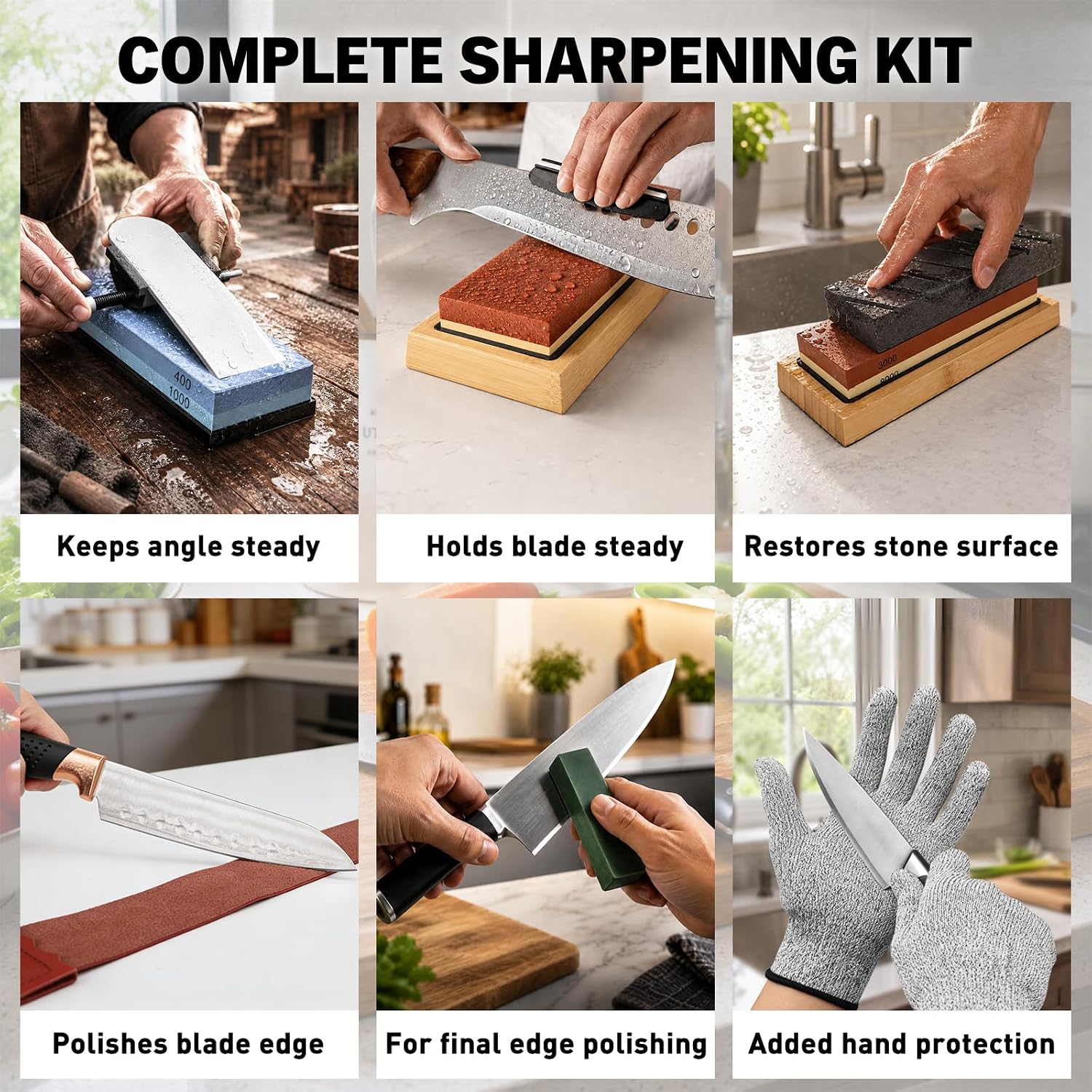 12-Piece Knife Sharpening Stone Set, Whetstone 4 Side 400/1000 3000/8000 Grit, Whetstone Knife Sharpener Stone Kit