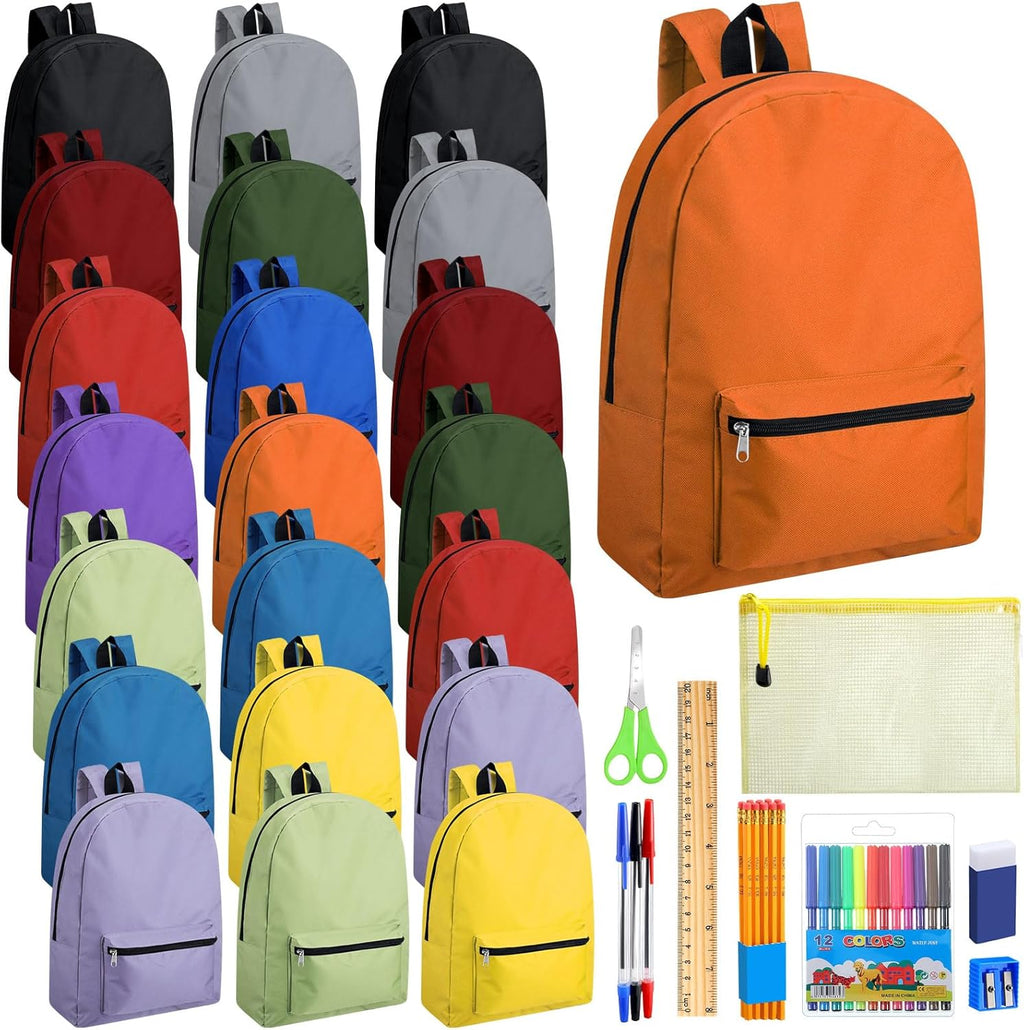 24 Pack 17'' Backpacks Bulk with 24 Stationery Supply Sets, Bookbags and Writing Accessories Kit for