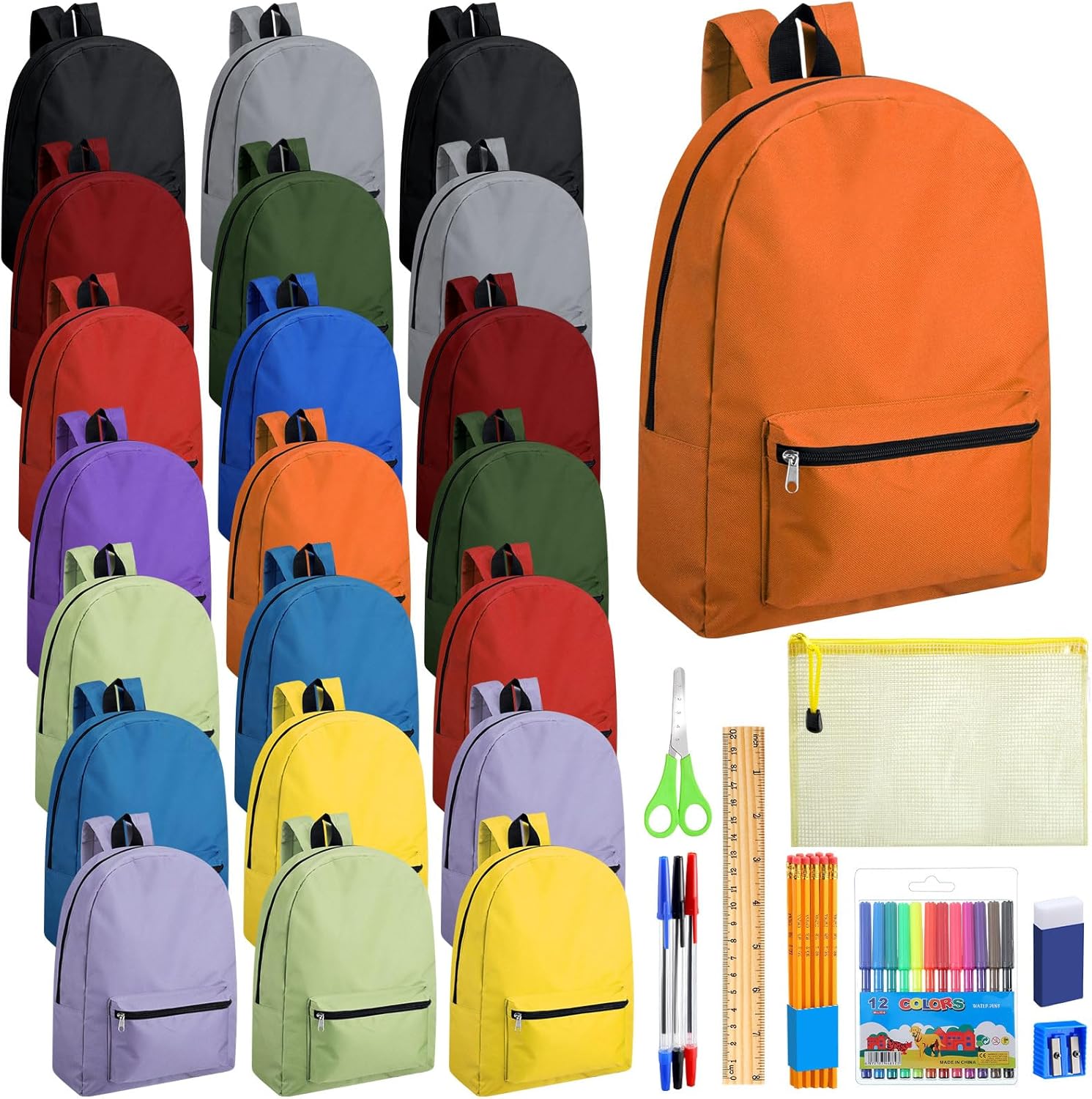 24 Pack 17'' Backpacks Bulk with 24 Stationery Supply Sets, Bookbags and Writing Accessories Kit for