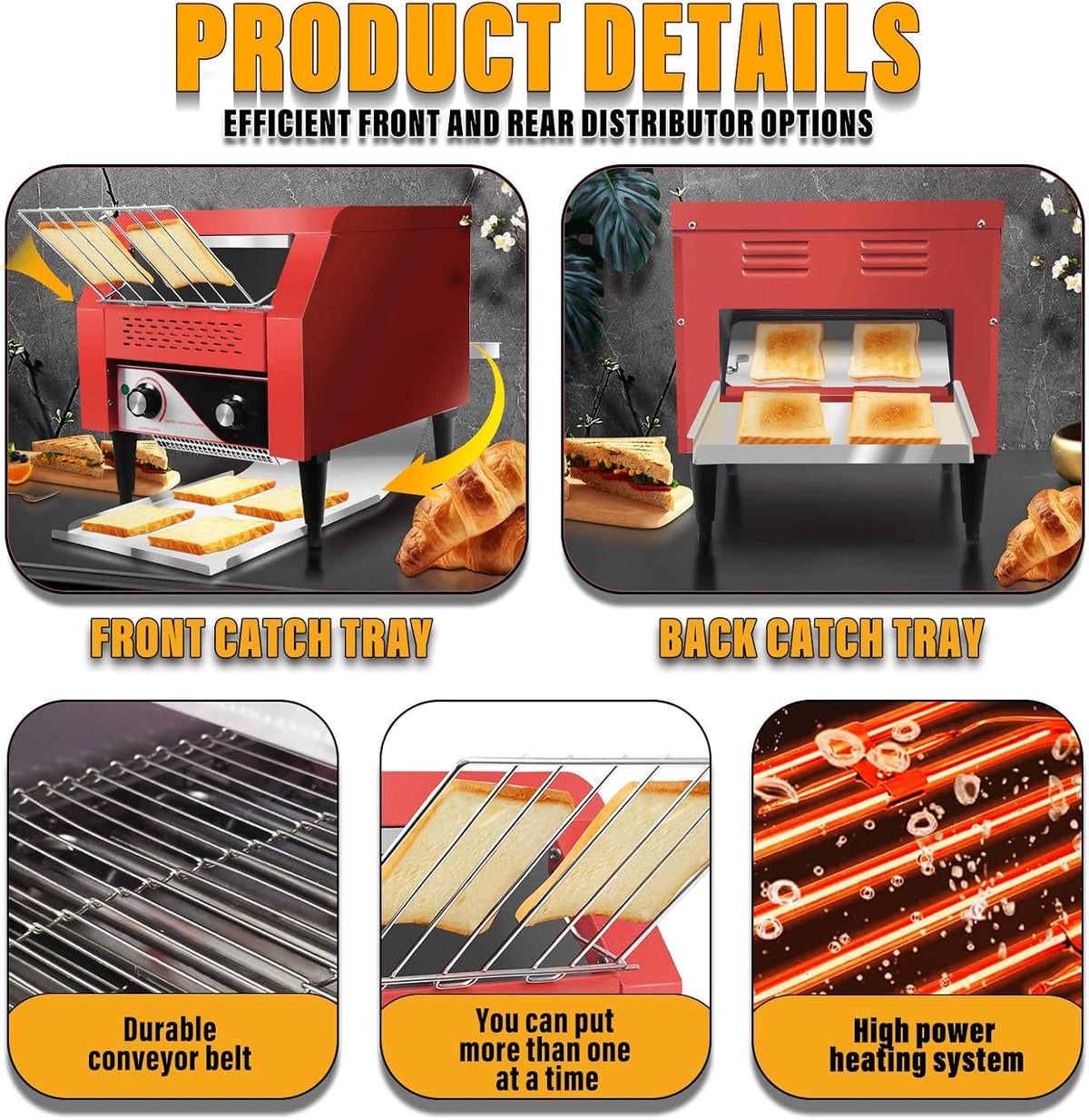 Commercial Conveyor Toaster 300 Slices/Hour Red Conveyor Toaster 3 Modes/7 Speeds Stainless Steel Tabletop Toaster