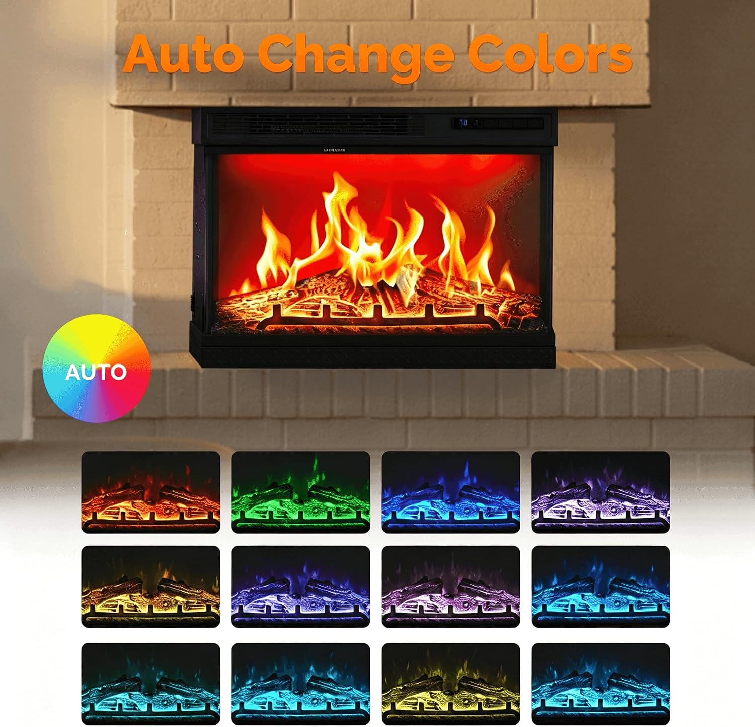 24" 3-Sided Electric Fireplace Insert, Wall-Mounted/Freestanding, 12 Flame Colors, 5 Brightness Levels, 8H Timer