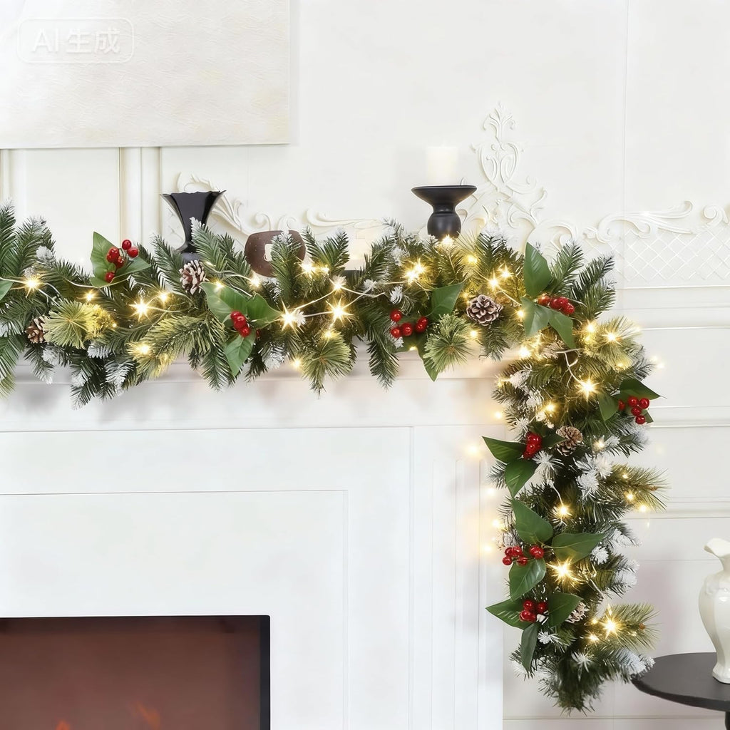 9ft Lighted Christmas Garland with Lights for Mantel | Artificial Flowering Pine Garland ,Faux Green Christmas Winter