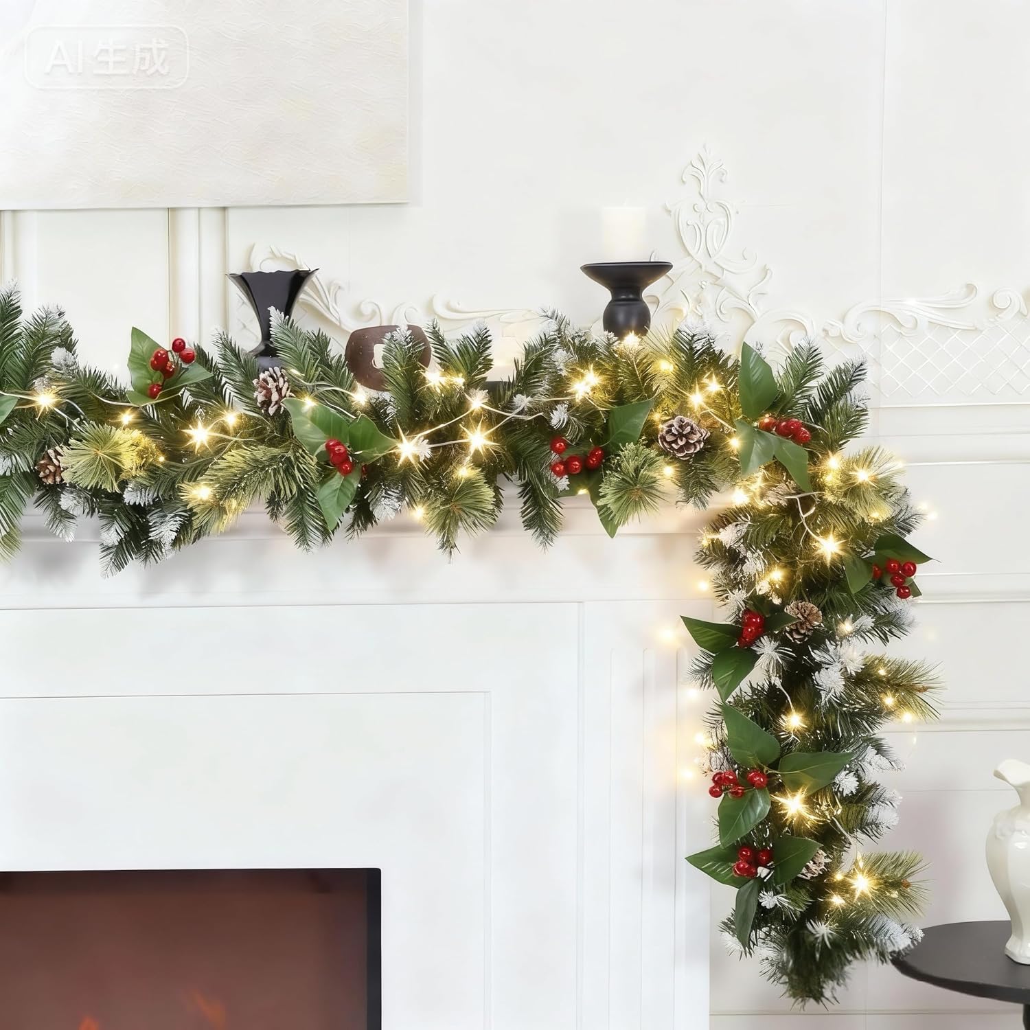 9ft Lighted Christmas Garland with Lights for Mantel | Artificial Flowering Pine Garland ,Faux Green Christmas Winter