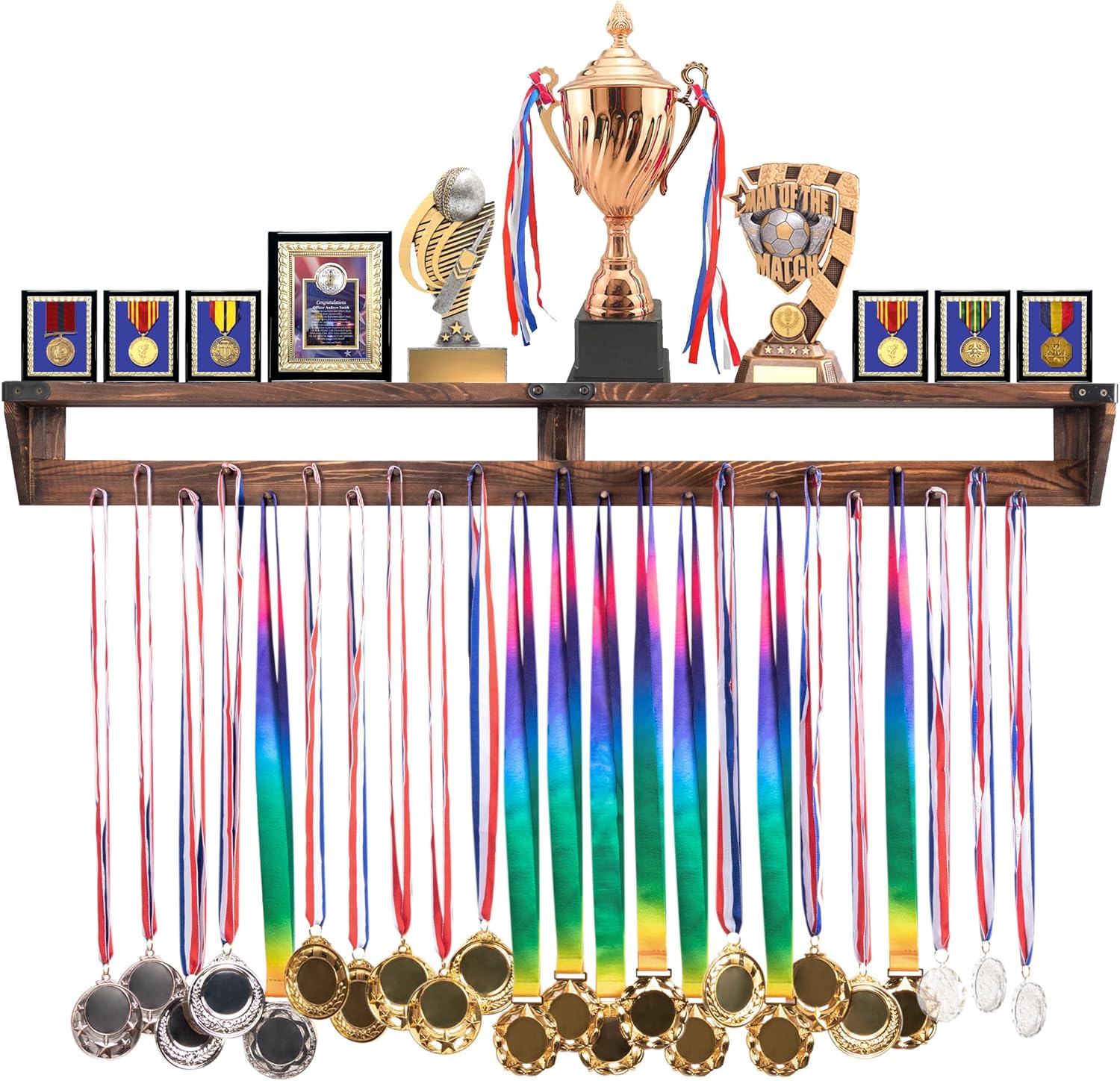 Gymnastic Medal Hanger with Storage Shelf, Wooden Wall-Mounted Trophy Shelf, Race Medal Display Rack Holder with 23