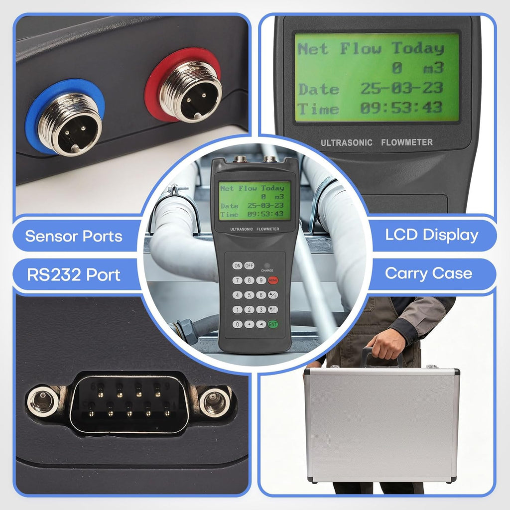 Handheld Ultrasonic Flow Meter Kit, Portable Clamp-on Liquid Flowmeter with 3 Transducer Sets, DN15-DN6000 Pipe Range, RS232 Data Logging, Non-Invasive Water Flow Meter