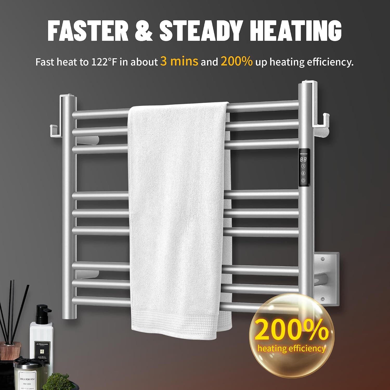 Wall-Mounted 9-Bar Heated Towel Rack, 2-Min Heat, NTC Safety | 4 Timers & 3 Heat Levels Control, Plug-In/Hardwired