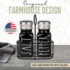 Black Salt and Pepper Shakers Set with Holder by Brighter Barns - Cute Salt Shaker with Caddy - Farmhouse Kitchen