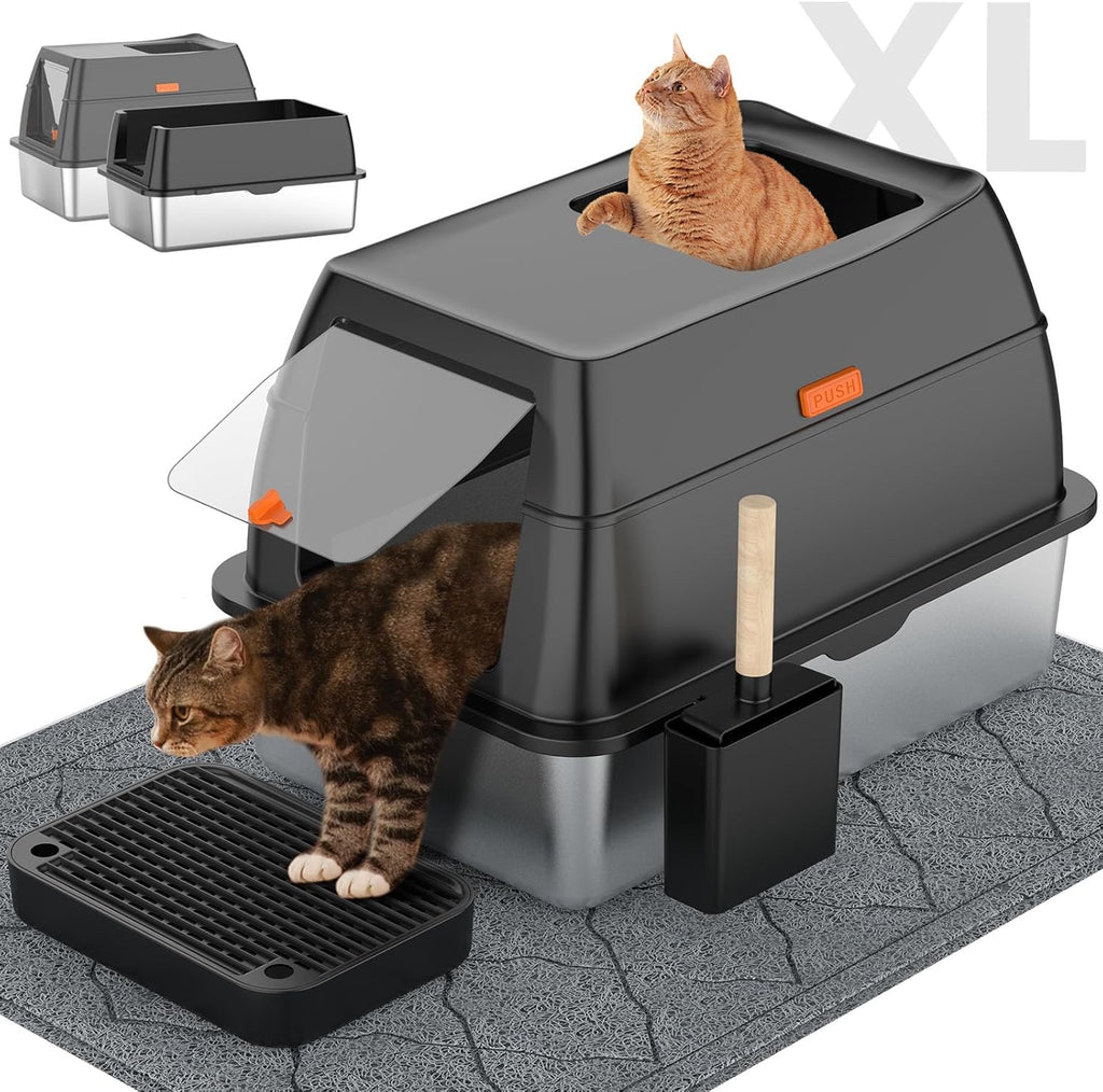 Stainless Steel Litter Box with Lid,Front Entry Top Exit Kitty LitterBox,Extra Large Enclosed Metal Cat Box with