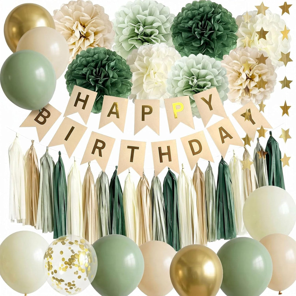 Sage Green Happy Birthday Party Decorations Retro Green Nude Ivory Dark Olive Kraft Paper Banner Balloons Neutral