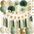 Sage Green Happy Birthday Party Decorations Retro Green Nude Ivory Dark Olive Kraft Paper Banner Balloons Neutral