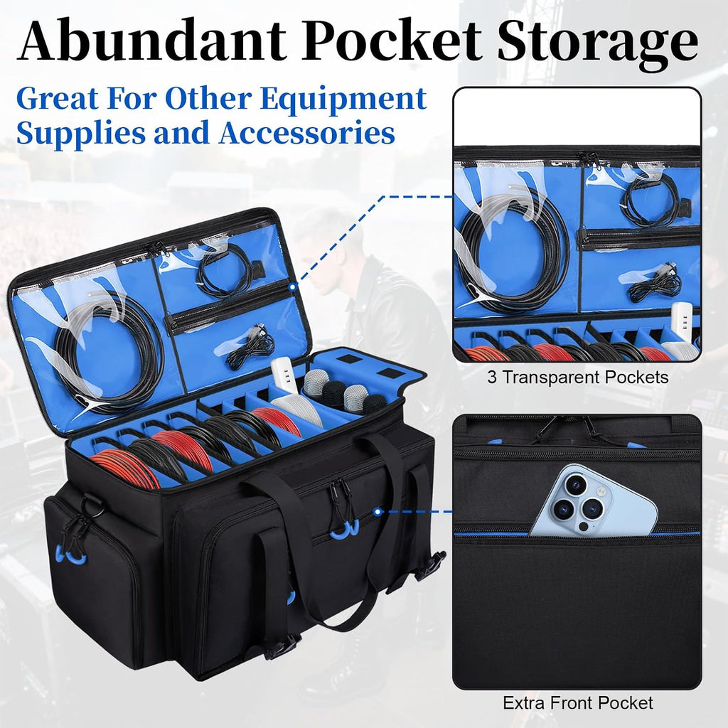 Large Dj Cable Bag with Detachable Dividers, Bottom Pad | Dj Bag for Equipment and Accessories with Laptop and