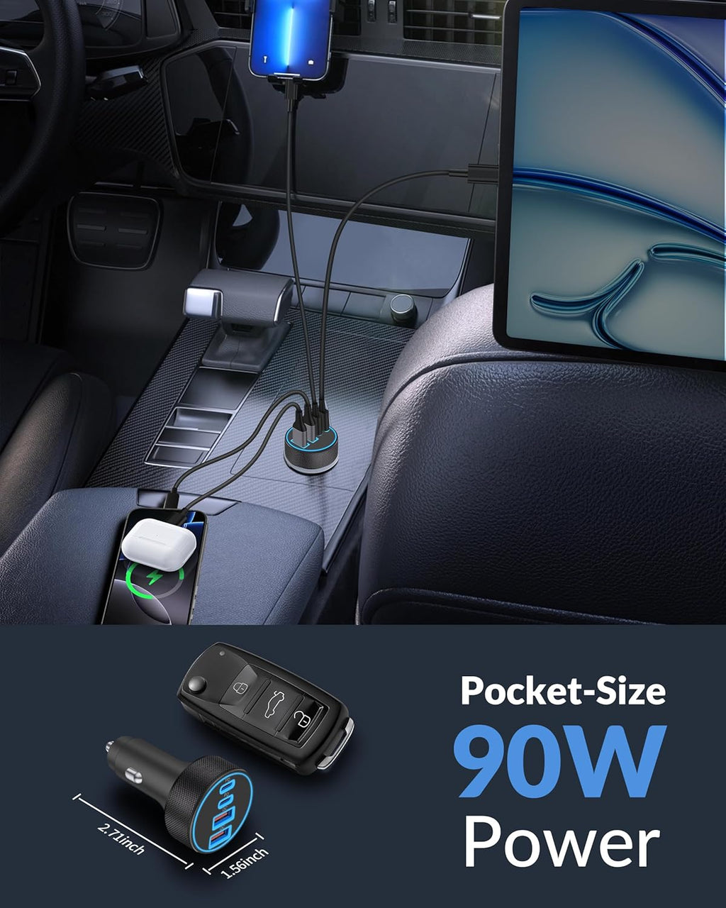 [4 in 1] USB C Car Charger, 4-Port 90W Super Fast Charging Cigarette Lighter Adapter, Dual 45W USBC & USB-A Multiport