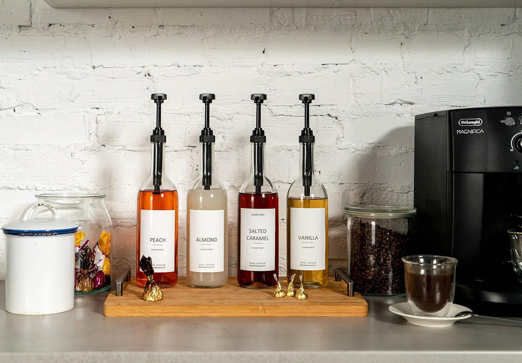 25.4 oz 750 ml Glass Coffee Syrup Dispenser for Coffee Bar - 4 Pack - Comprehensive Label Set & ¼ oz Pumps Included