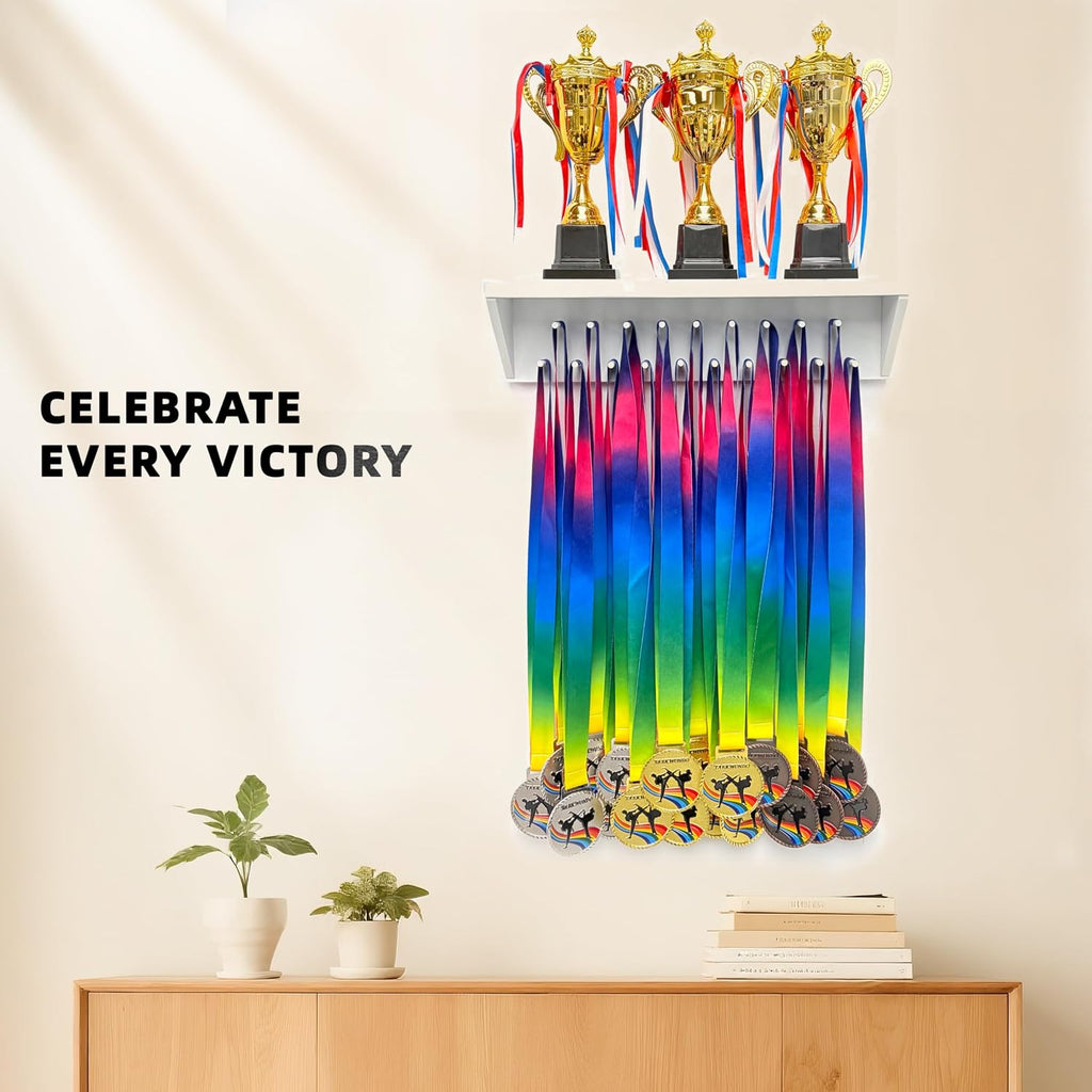 Medal Hanger Display and Trophy Shelf with Hooks - Wooden Medal Holder for Wall Mount Ribbon Display, Trophy Display
