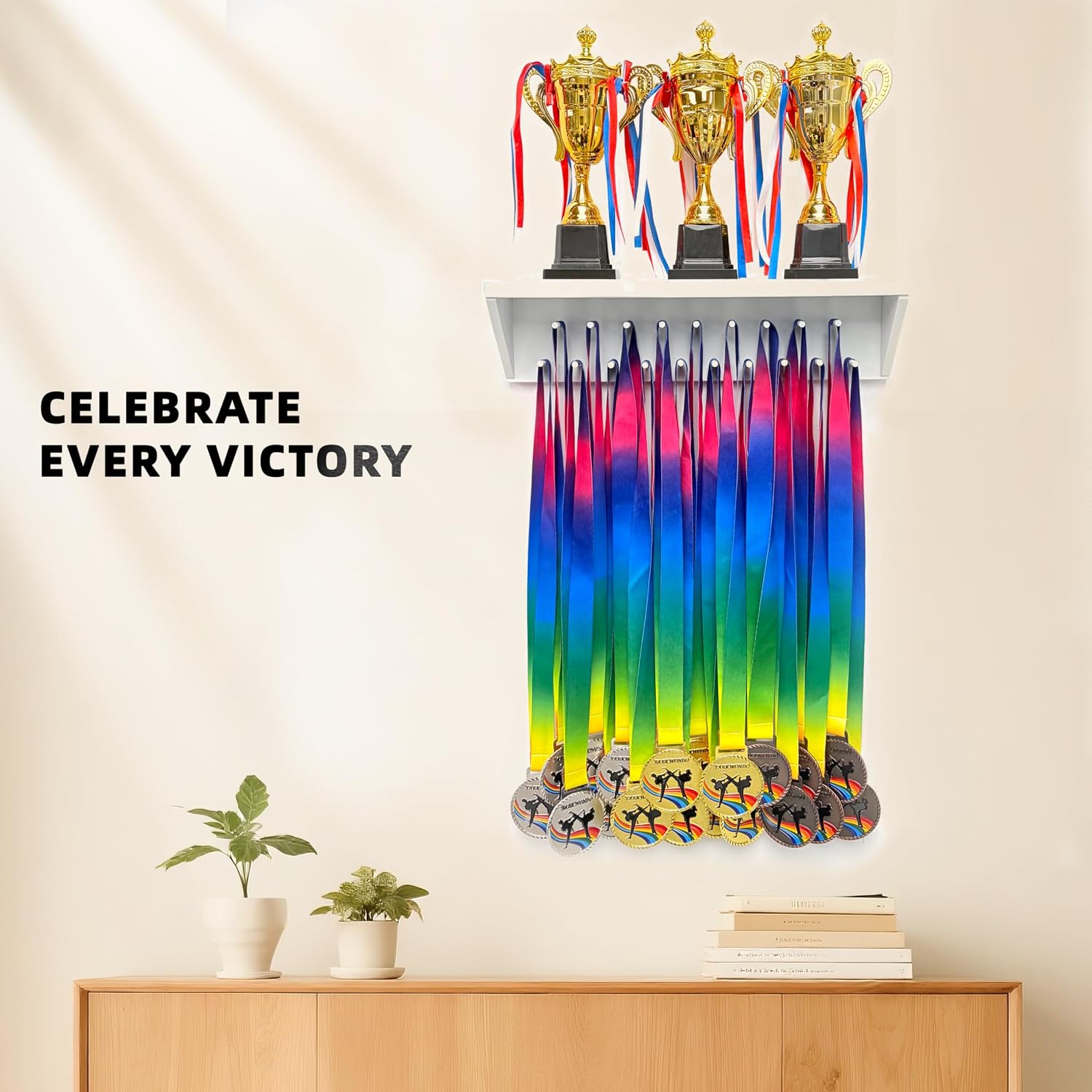 Medal Hanger Display and Trophy Shelf with Hooks - Wooden Medal Holder for Wall Mount Ribbon Display, Trophy Display