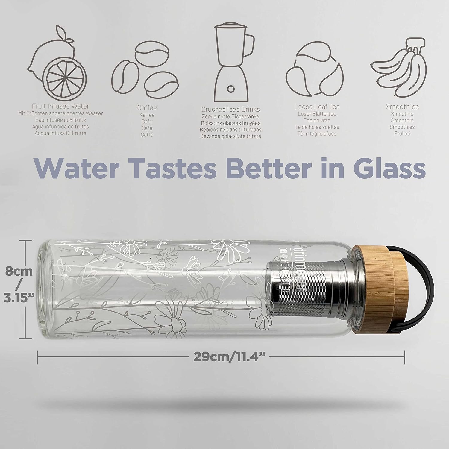 32oz Glass Water Bottle with Bamboo Lid and Neoprene Sleeve | Wide Opening Fruit Infuser Water Bottle (Flower)