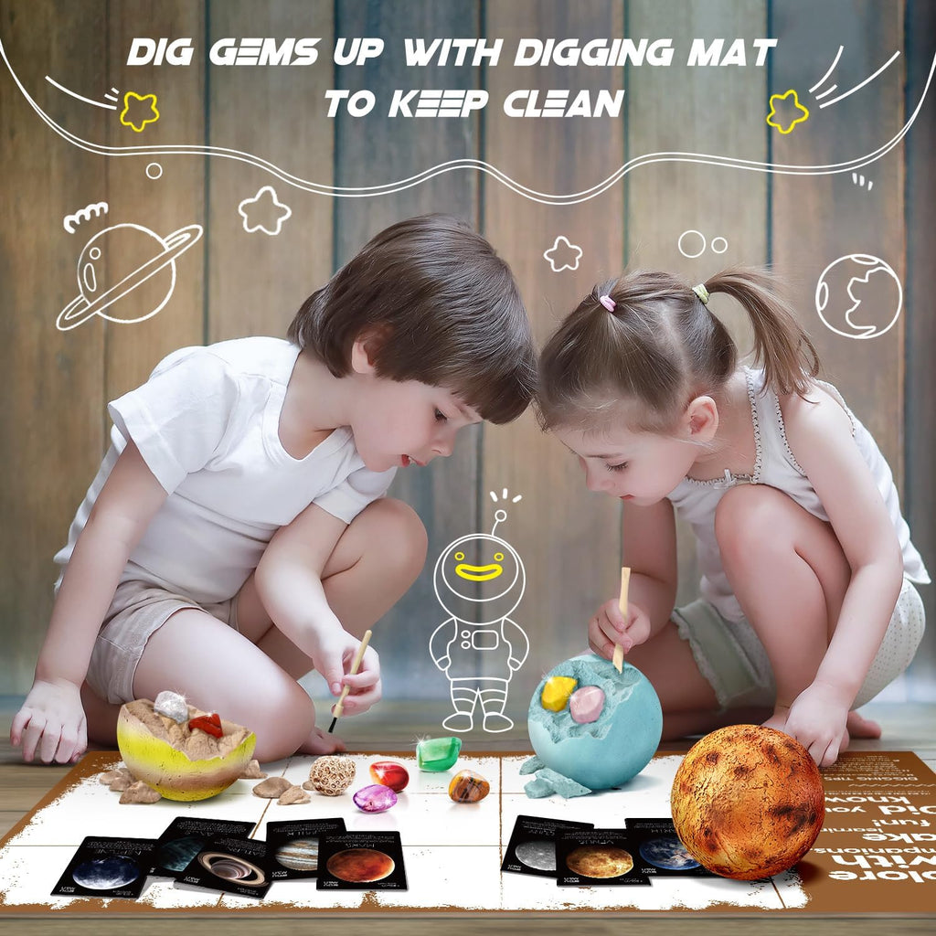 Gemstone Dig Kit - 40 Real Gems & Crystals, STEM Toy for Kids 6+ | 8 Planets Solar System Digging Kit, Mining Tools &