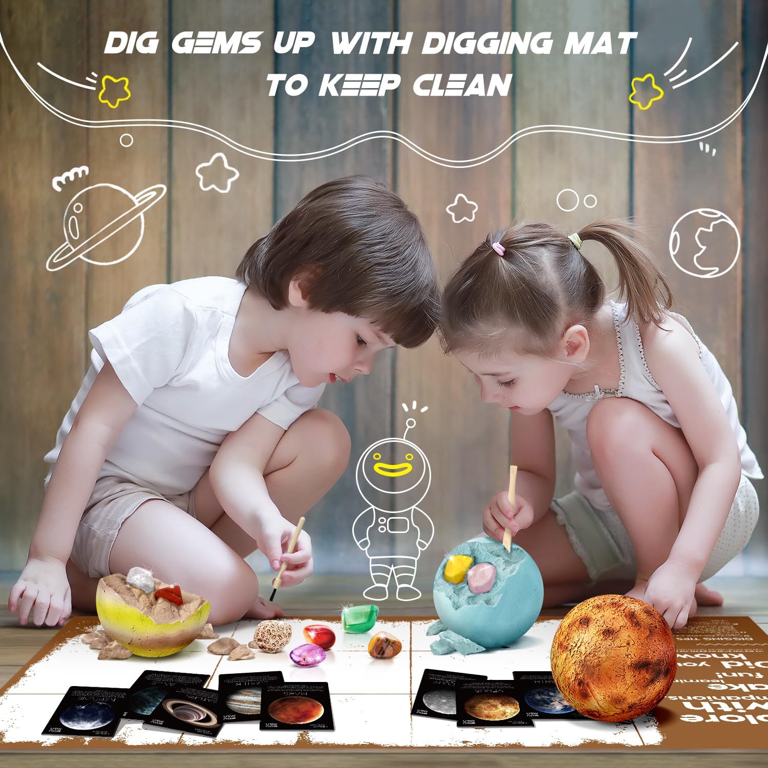 Gemstone Dig Kit - 40 Real Gems & Crystals, STEM Toy for Kids 6+ | 8 Planets Solar System Digging Kit, Mining Tools &