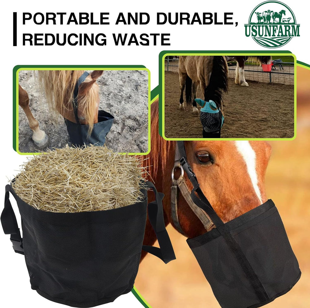 Horse Feed Bag 2 Pack-Grain Feeder Reinforced Bottom Mesh Feeding Troughs