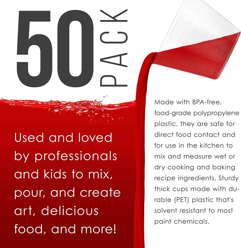 2 Oz (60 ml) Liquid Measuring Cups, 50 Pack with 25 Sticks