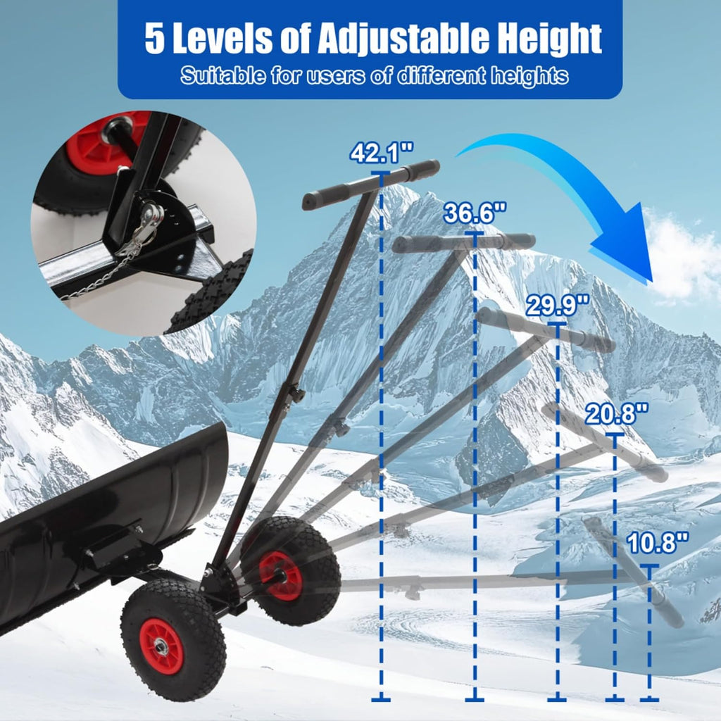 Snow Shovel with Wheels,29" Wide Metal Snow Pusher Shovel with 15" Height &10" Wheels,Adjustable Angle&Height