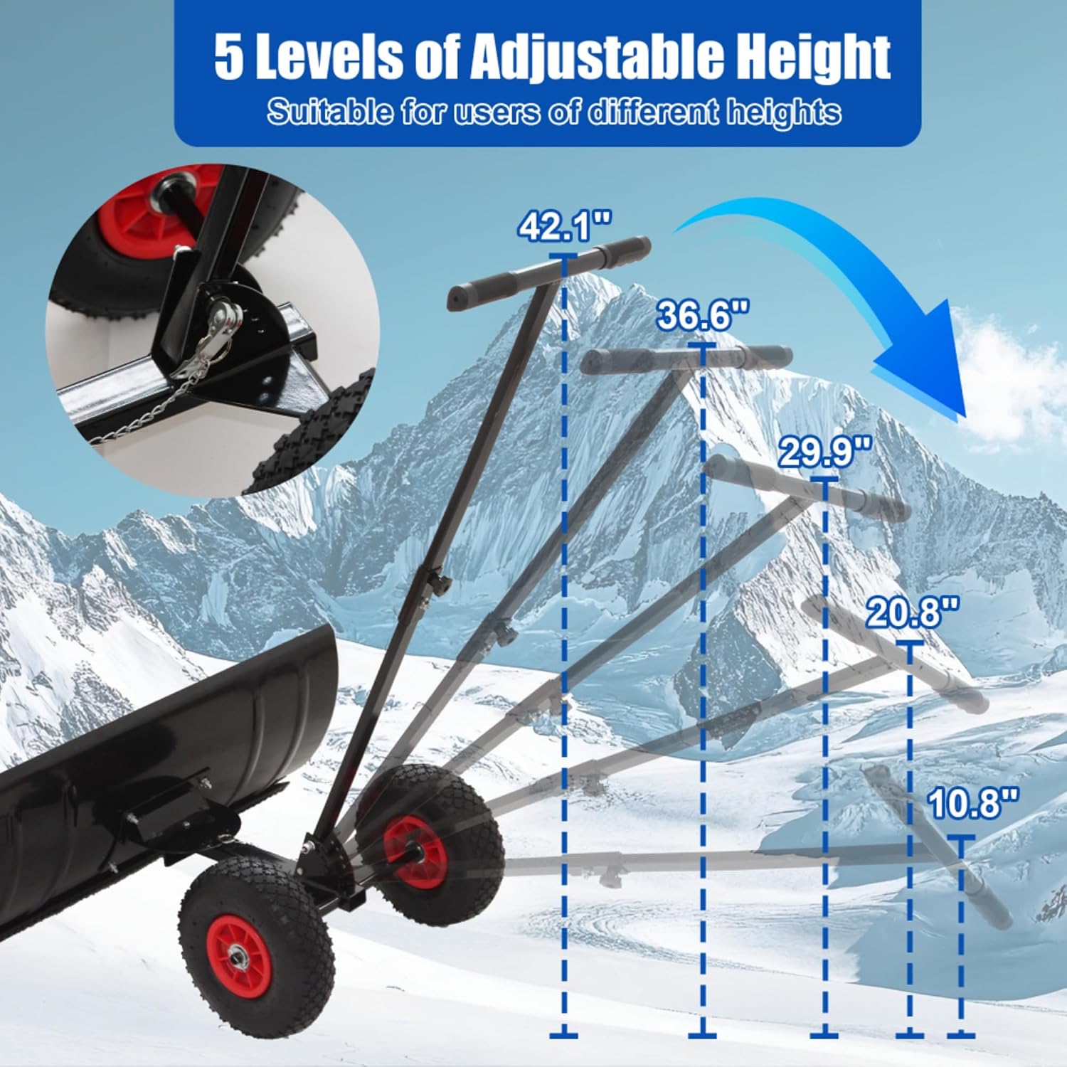 Snow Shovel with Wheels,29" Wide Metal Snow Pusher Shovel with 15" Height &10" Wheels,Adjustable Angle&Height