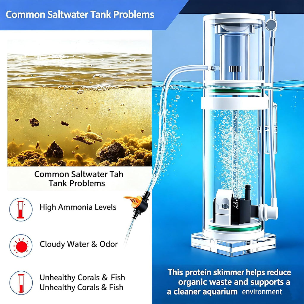 Protein skimmer for saltwater aquariums, suitable for coral tanks with a capacity of no more than 80 gallons. DC