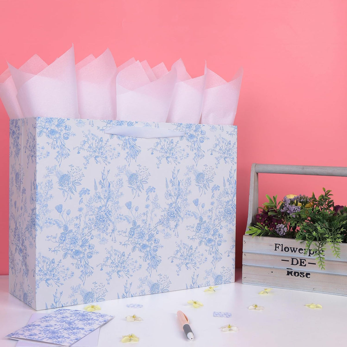 16.5" Extra Large Blue Floral Gift Bag Set with Handles, Greeting Card, White Tissue Papers and Stickers for Women