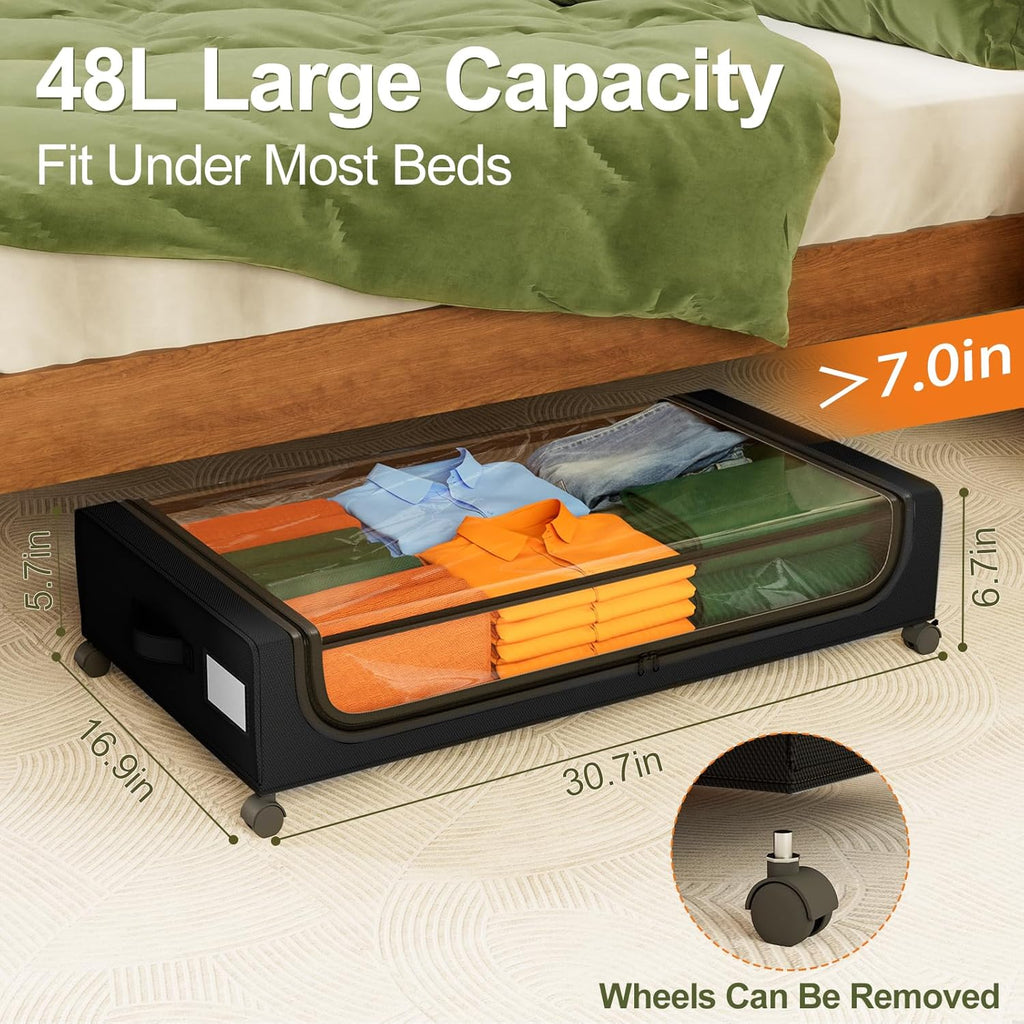 Under Bed Storage with Wheels: 48L Underbed Storage Containers with Clear Lids - Rolling Drawers & Bins for Shoes