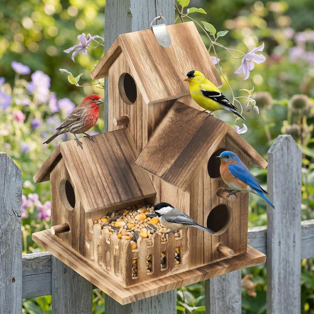Bird House for Outside, Outdoor 3 Hole Bird House Room Bluebird Finch Wooden Hanging Birdhouse Handmade Wooden