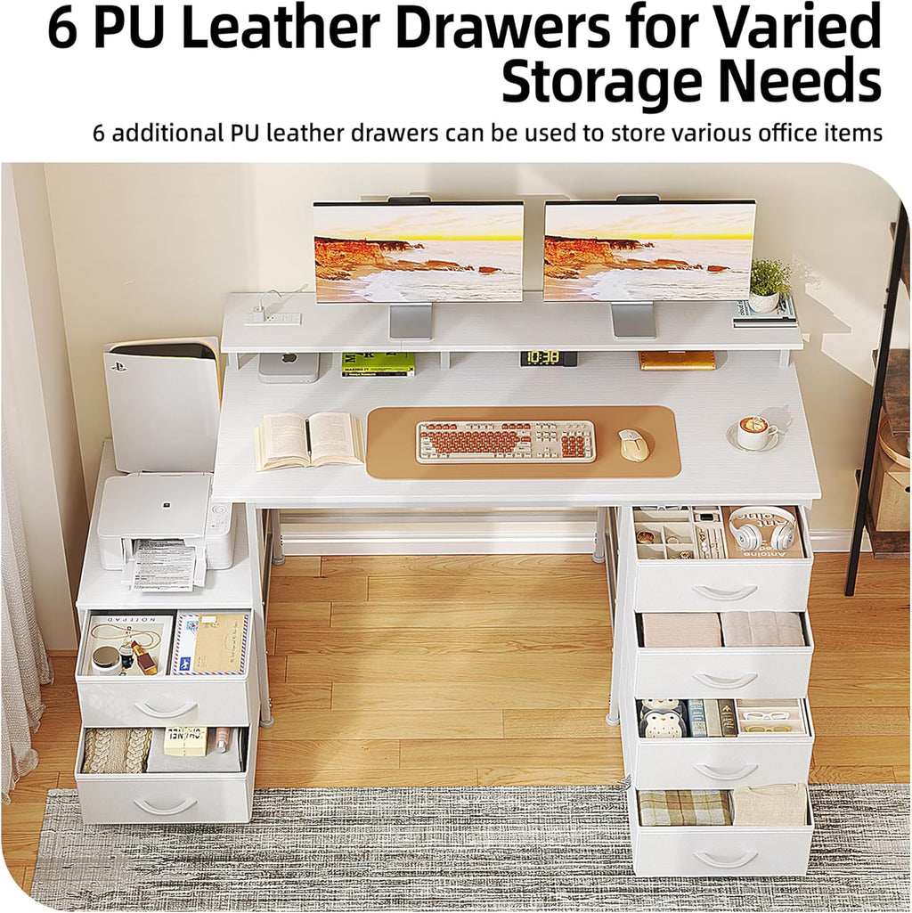 52 Inch Office Desk with 6 Drawers and Printer Space for Storage, Reversible Computer Desk with Monitor Stand & Power