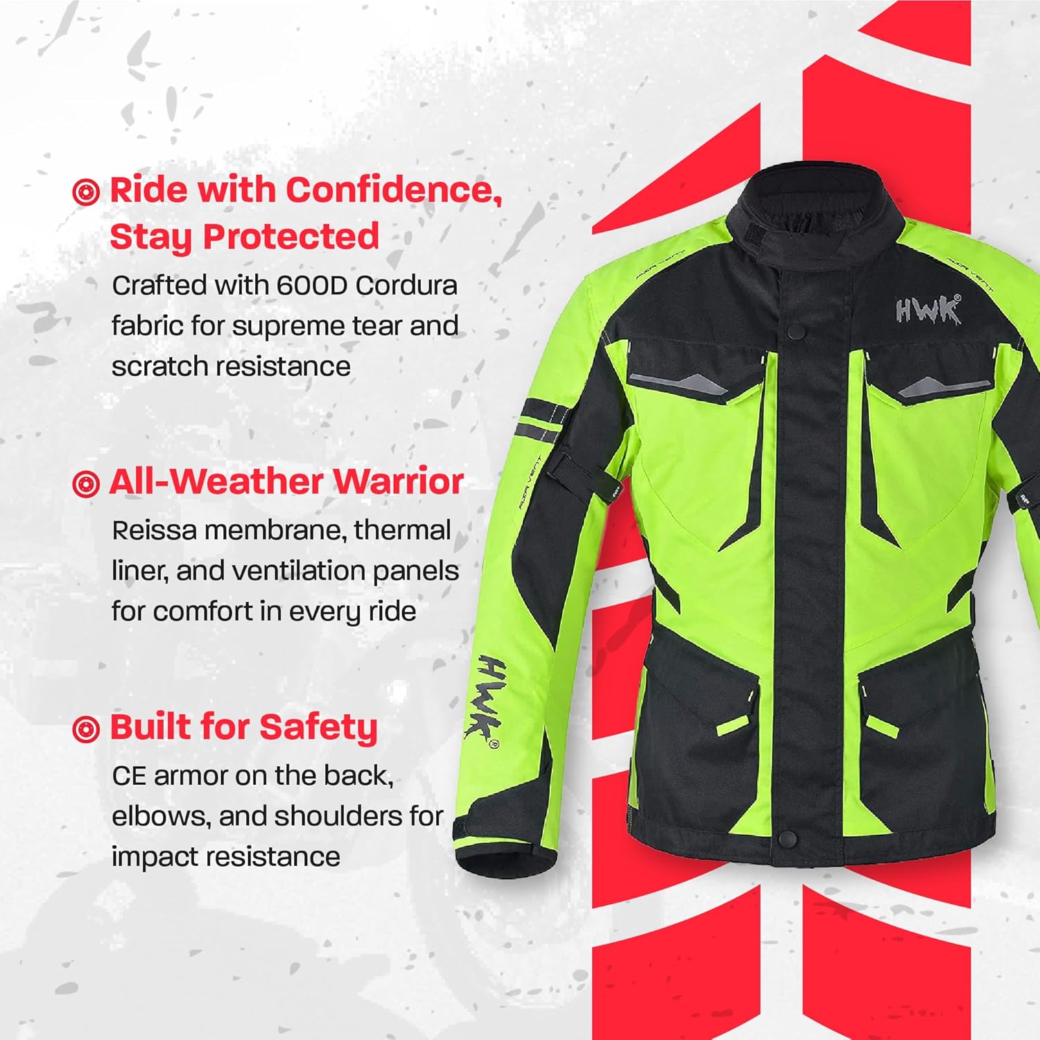 HWK Men's Motorcycle Jacket – Hi-Vis Green, XL | Cordura, CE Armor