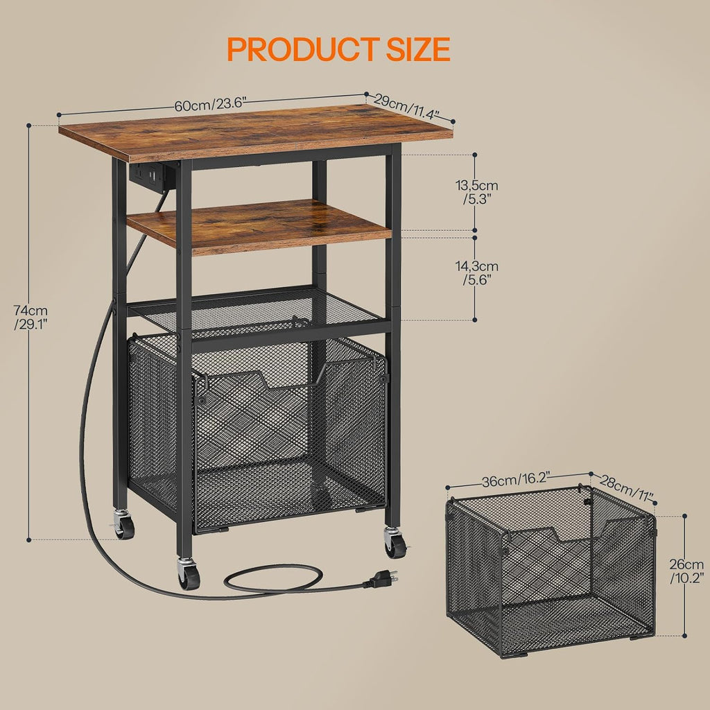 Printer Stand with Hanging File Drawer, Rolling Printer Cart on Wheels, Mobile Filing Cabinet Storage Shelf, Home