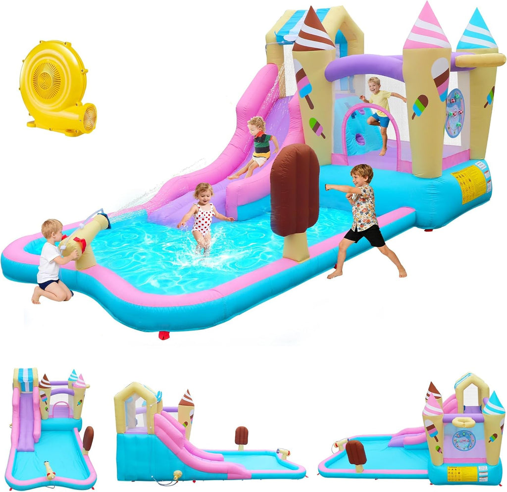 Inflatable Water Slide Bounce House, 8-in-1 Water Park with Water Cannon, Climbing Wall, Basketball Hoop & Splash