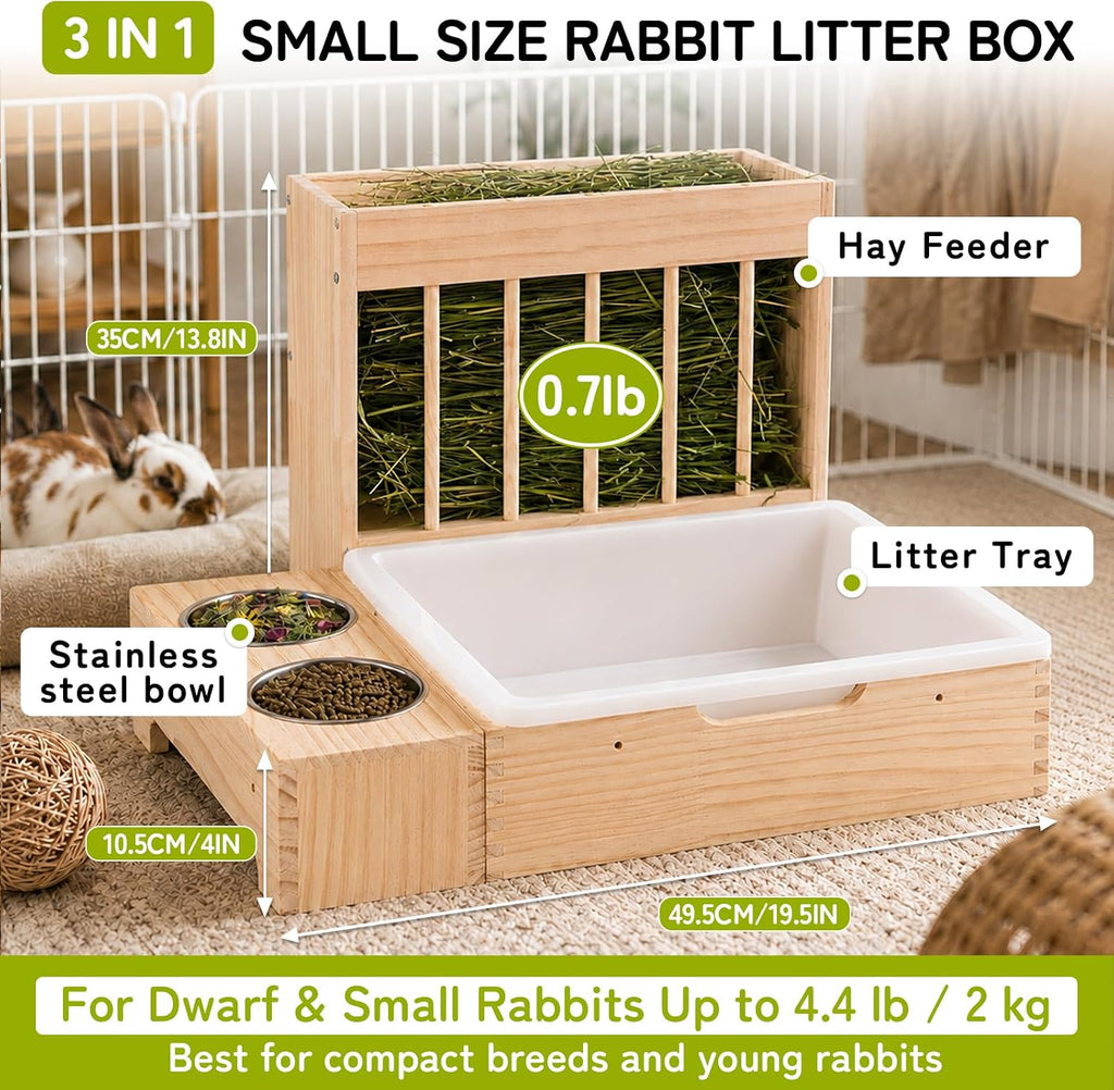 3-in-1 Rabbit Hay Feeder with Litter Box, Bowl Tray for Small Bunnies