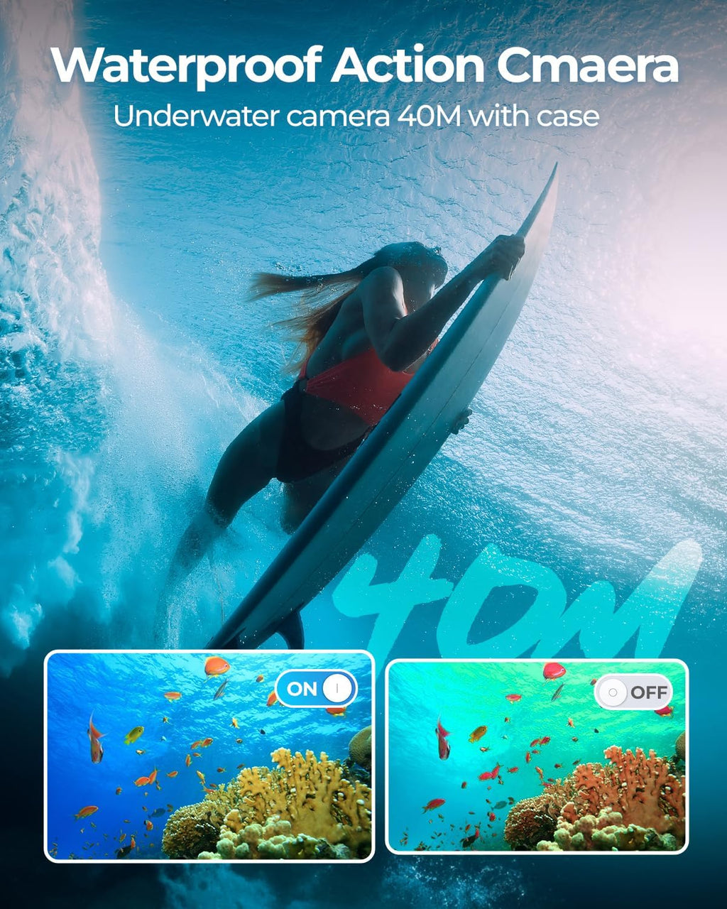 4K60fps Action Camera Waterproof Camera with 64G SD Card 48MP HD WiFi Camera with EIS 40M UnderwaterCamera Wide Angle