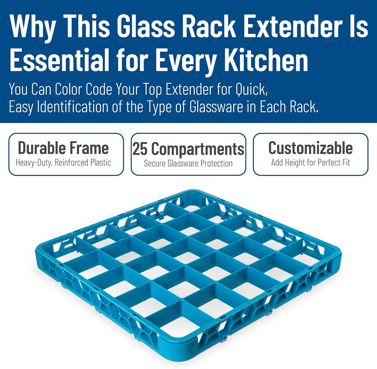 RE2514 OptiClean 25 Compartment Divided Glass Rack Extender, 1.78", Blue