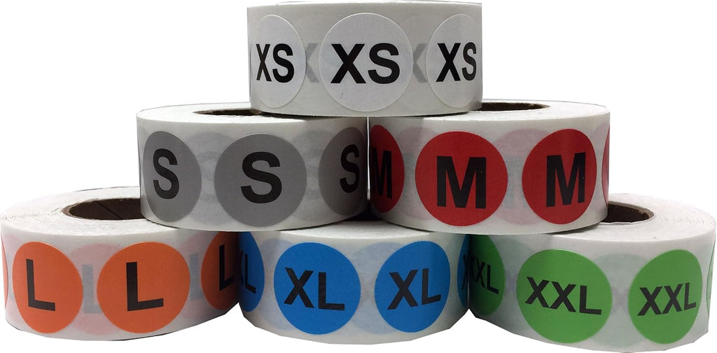 Color Coded Circle Clothing Size Stickers Pack, 19 mm 3/4 Inch Round, Includes 1 Roll of XS, S, M, L, XL, and XXL