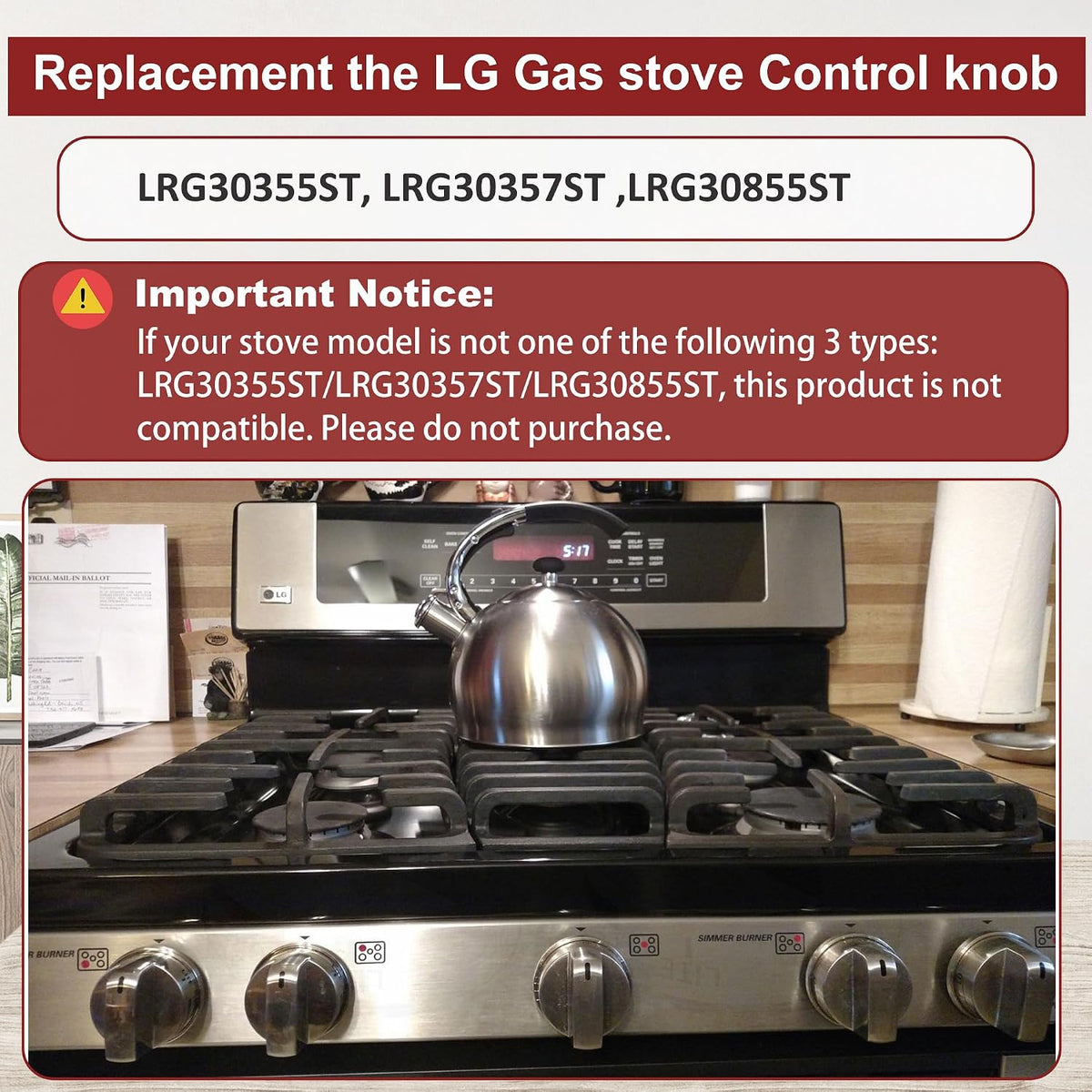 EBZ37189611(4pcs) Gas Stove Knobs EBZ37189609(1pcs) Oven Range Knob Replacements Only Fit for LG LRG30355ST/ LRG30357ST/LRG30855ST Series Burner Control Knob Replace EBZ37189601,EBZ37189602