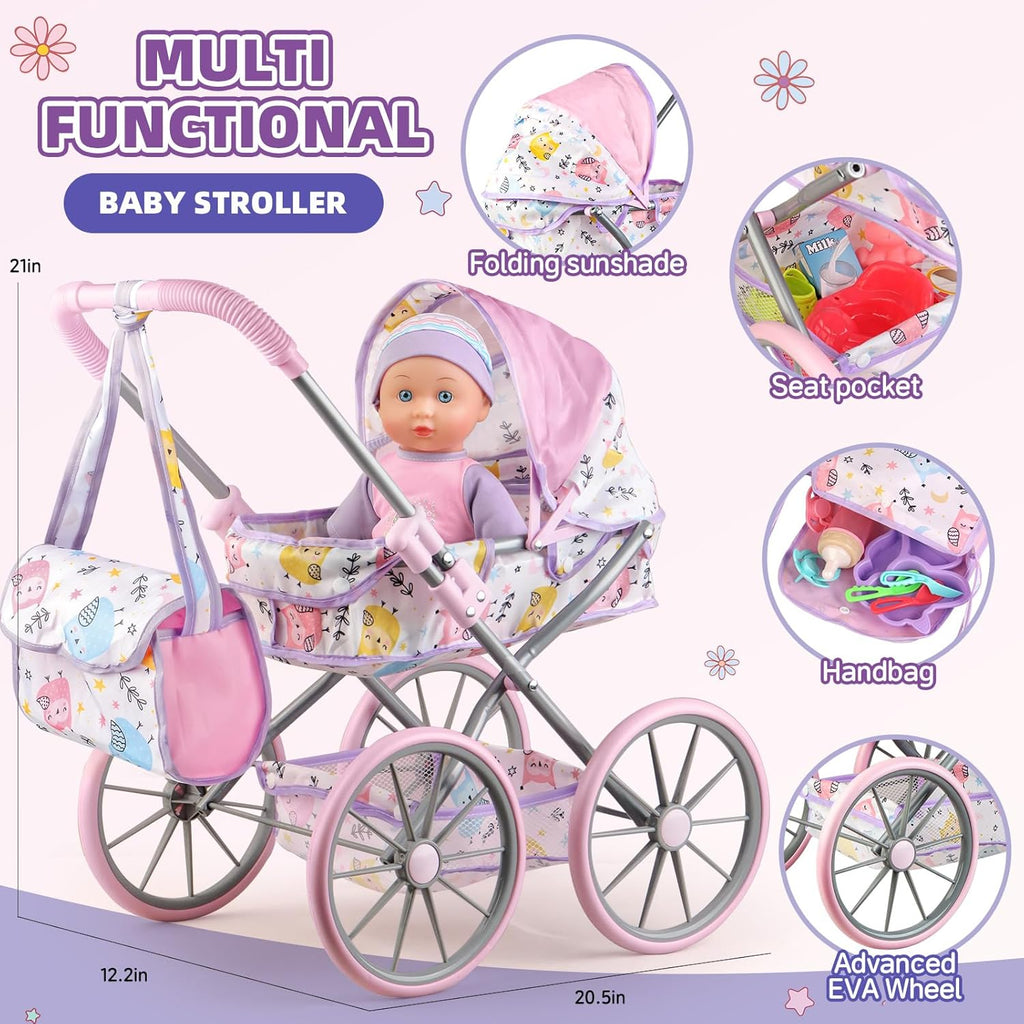 Baby Doll Stroller Playset for Girls Toddlers 3-5 4-6 5-7 Year Old to Play House Games. Stroller Toy with 12.5" Baby