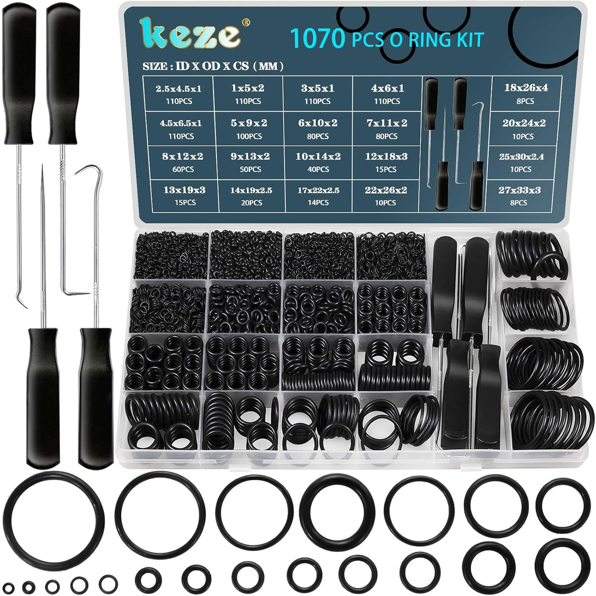 KEZE 1070 Pcs Rubber O-Ring Assortment Kit，20 Sizes Assorted O Rings
