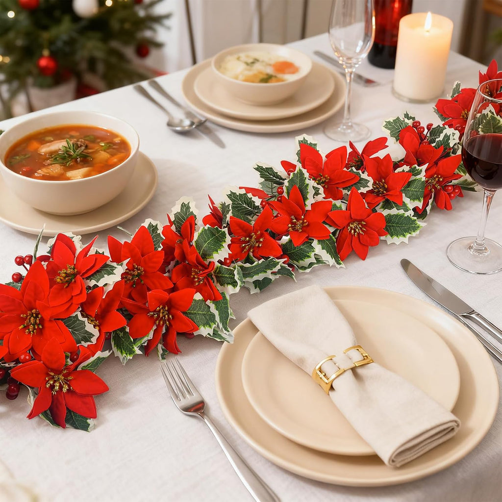 Christmas Garland, Artificial Red Flowers with Berries and Holly Leaves | Indoor Outdoor Garland