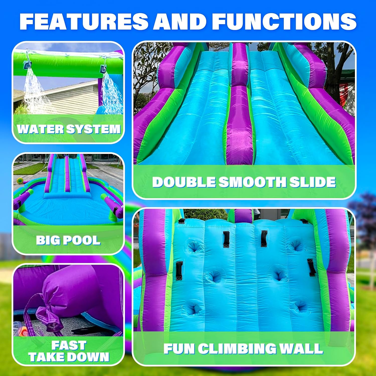 Inflatable Double Water Slide-17.7FT Large Climber Inflatable Water Park for Big Kids 5-10-Huge Splash Pool-Easy to