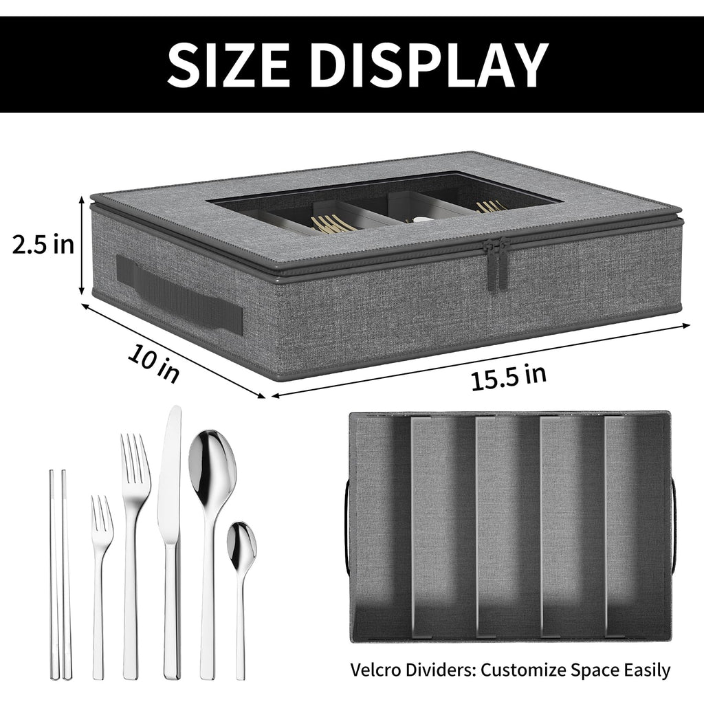 2-Pack Silverware Storage Box, Flatware Organizer with Clear Lid, Grey