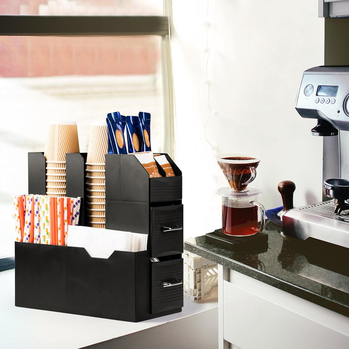 Coffee Condiment Organizer 11-Compartment Countertop 2-Drawer Black