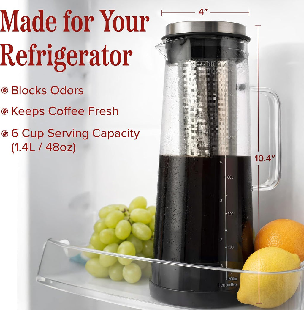 Cold Brew Coffee Maker Pitcher - 1.4L/48oz Glass Carafe with Lid and Spout and Removable Stainless Steel Filter