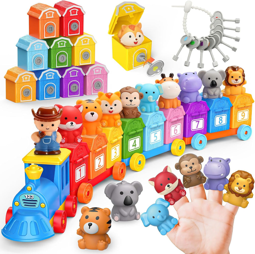 Animal Montessori Learning Toys for 2 3 4 5 Year Old Kids, Toddler Animals Train Locks & Keys Matching Toys Counting